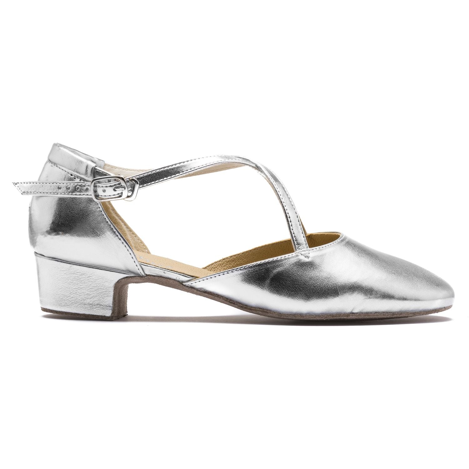 Rumpf's 2021 Broadway Tanzschuhe in Silber, niedriger Absatz mit T-Riemen, seitlicher Schnalle & Chromledersohle, Seitenansicht.